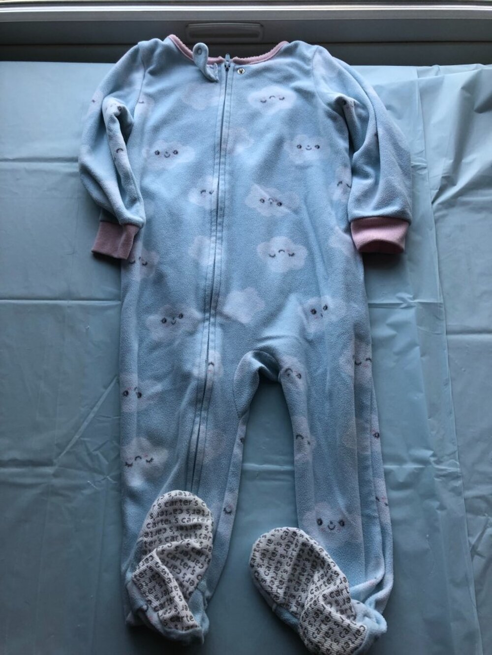 Carter's 24-months Footie Pajamas; Light blue w/clouds; Fleece; Like new; Comfy